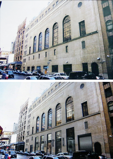 Greenwich Street side of former American Stock Exchange building, top, and rendering of plan shown to the Landmarks Commission. Photo and rendering: Morris Adjmi Architects via The Tribeca Trib
